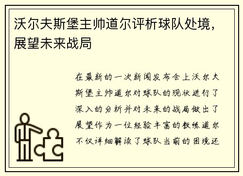 沃尔夫斯堡主帅道尔评析球队处境，展望未来战局