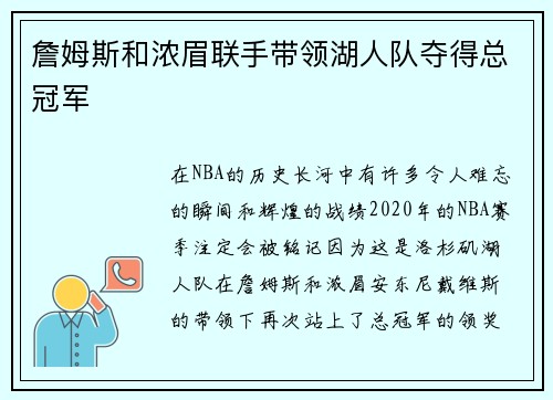 詹姆斯和浓眉联手带领湖人队夺得总冠军