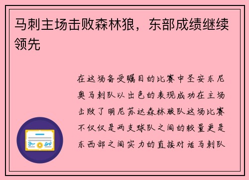马刺主场击败森林狼，东部成绩继续领先