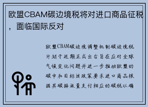 欧盟CBAM碳边境税将对进口商品征税，面临国际反对