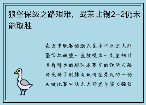 狼堡保级之路艰难，战莱比锡2-2仍未能取胜
